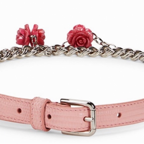 DOLCE & GABBANA PINK IGUANA TEXTURED LEATHER/SILVER CHAIN BELT W/ROSES CRYSTAL - Picture 2 of 16